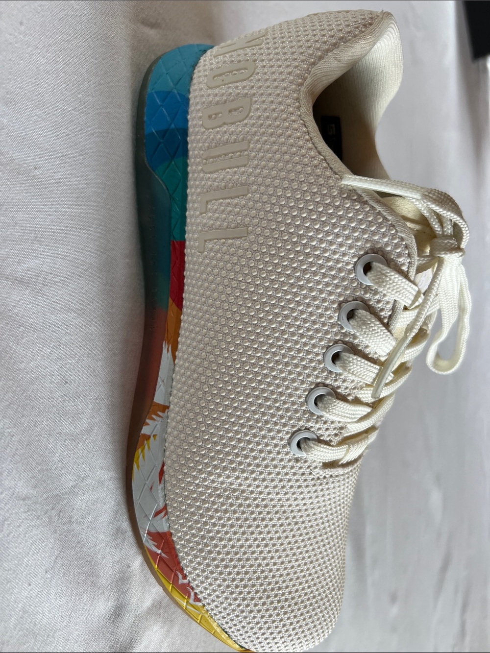 NOBULL Cream Knit Trainer with Multicolor Printed Sole